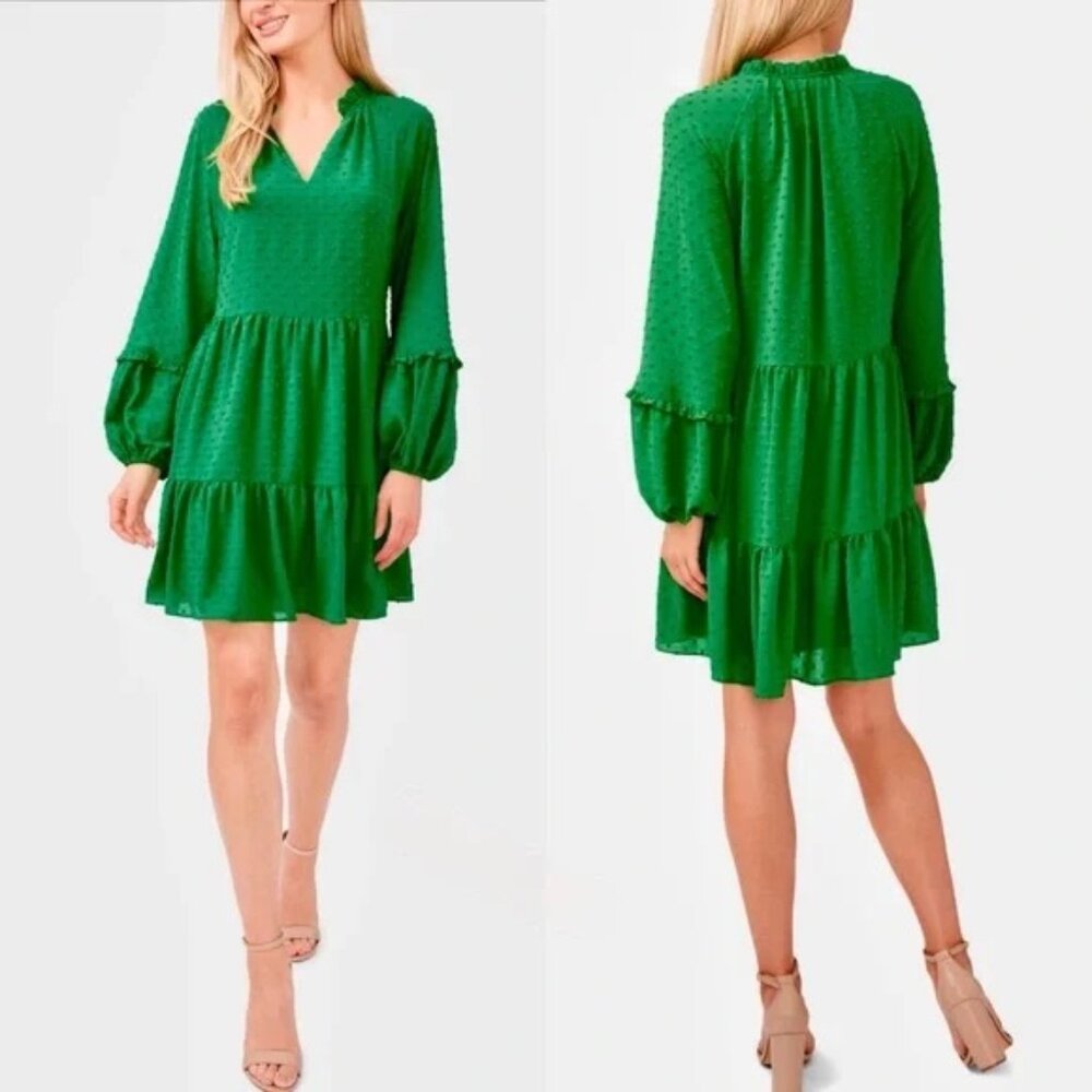 CeCe Kelly Green Clip Dot Ruffle Long Sleeve Shift Dress, Size L